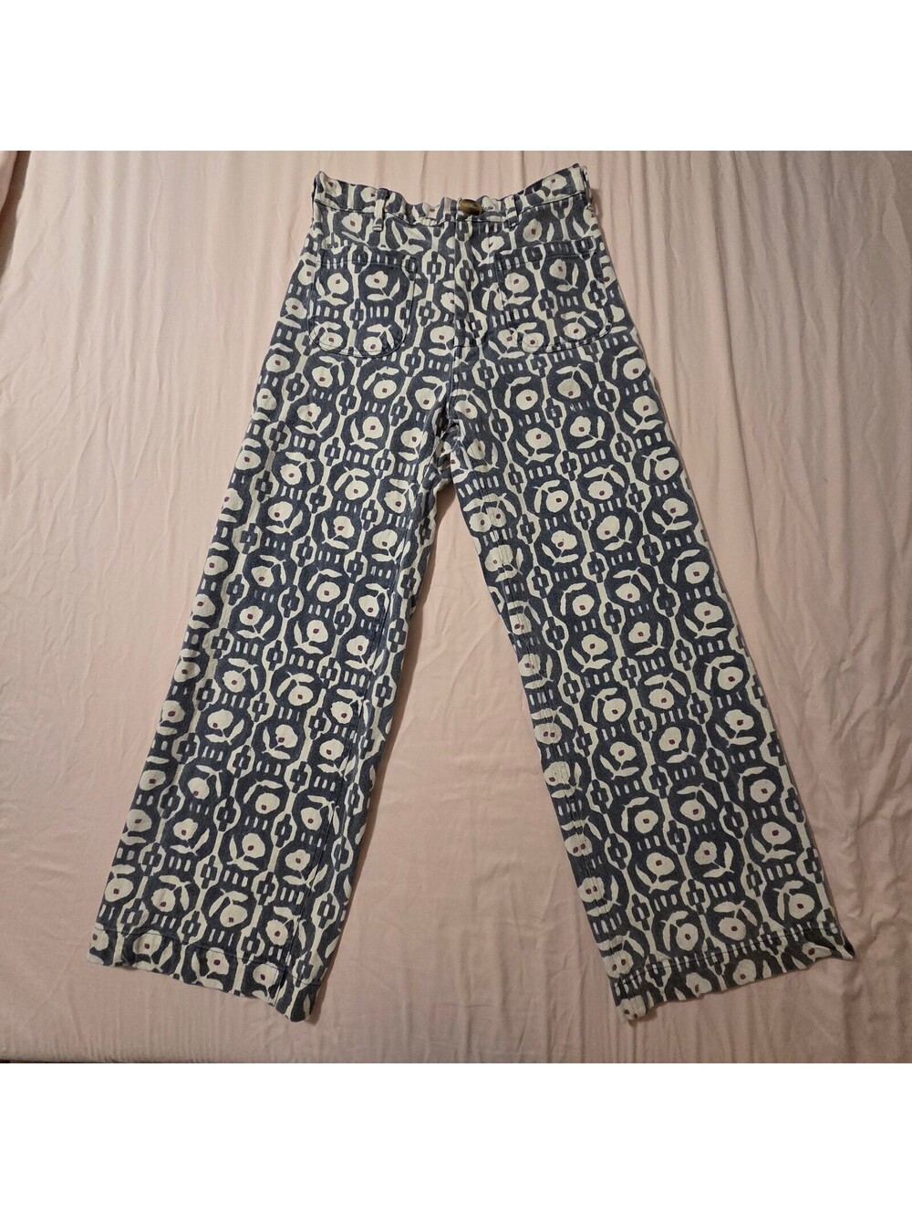Blockprints XS Blue and White Patterned Wide Leg Pants